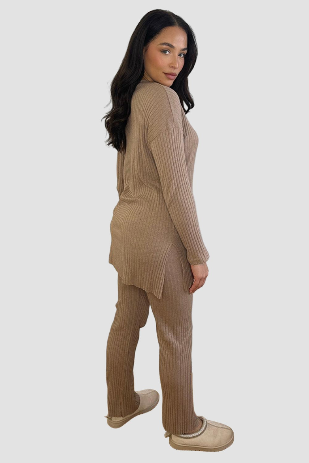 Ribbed Jersey High Neck Tunic And Trousers Set-SinglePrice