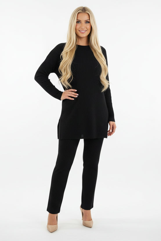 Ribbed Jersey High Neck Tunic And Trousers Set-SinglePrice