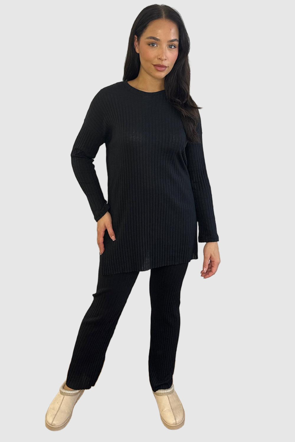 Ribbed Jersey High Neck Tunic And Trousers Set-SinglePrice