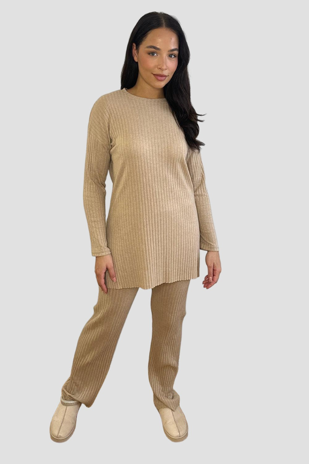 Ribbed Jersey High Neck Tunic And Trousers Set-SinglePrice