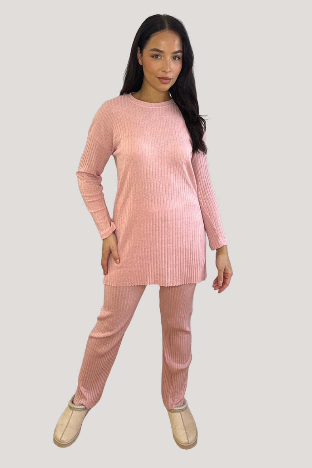 Ribbed Jersey High Neck Tunic And Trousers Set-SinglePrice