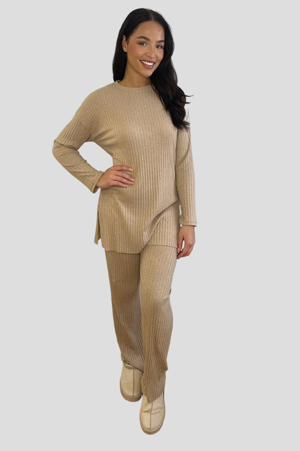 Ribbed Jersey High Neck Tunic And Trousers Set-SinglePrice