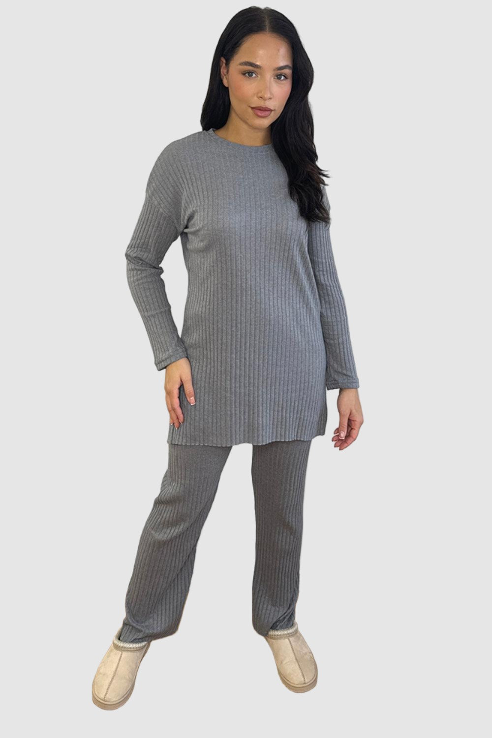 Ribbed Jersey High Neck Tunic And Trousers Set-SinglePrice