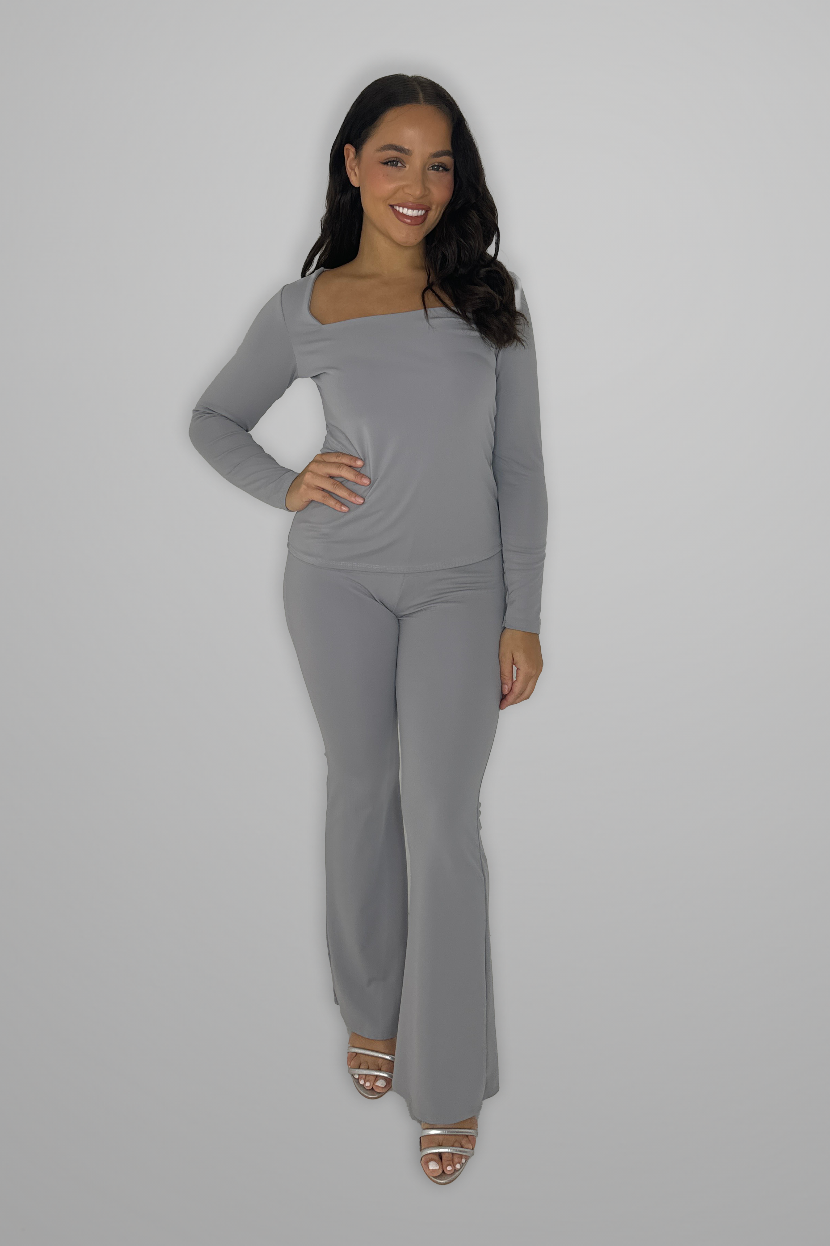 Square Neck Long Sleeve Top And Flare Leg Co-ord Set-SinglePrice