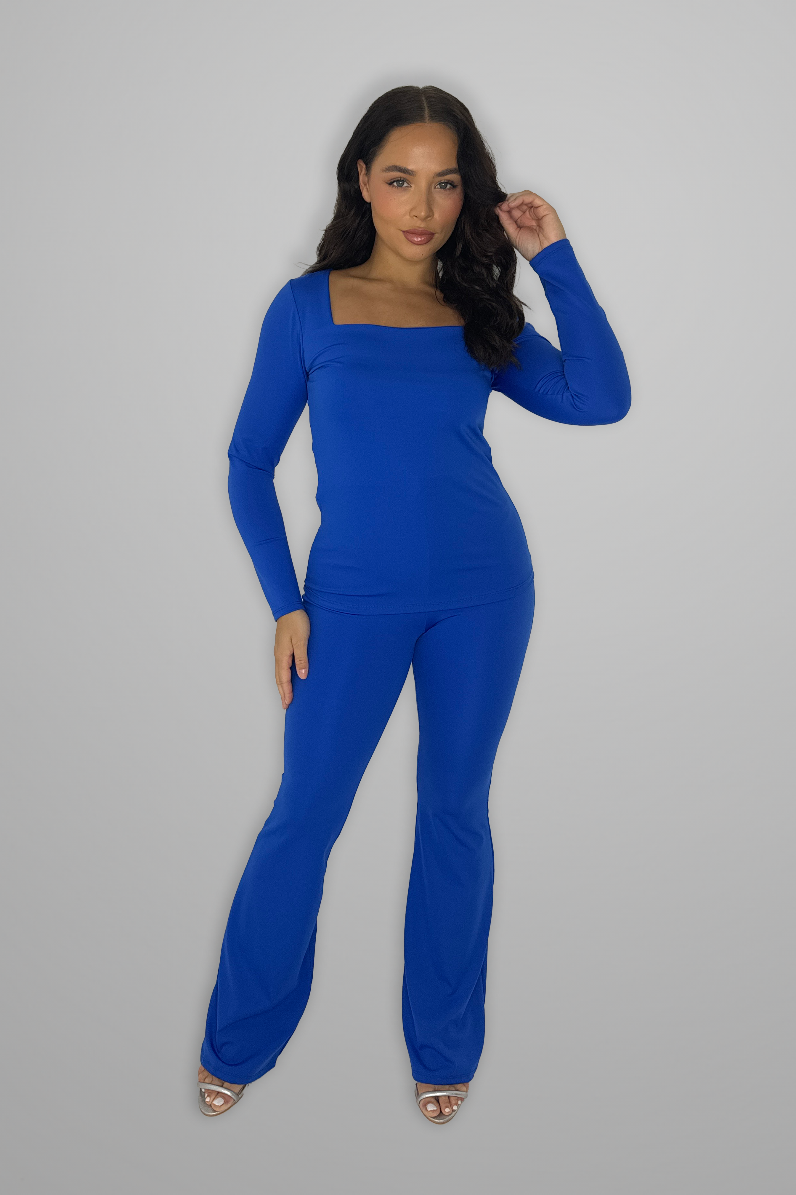 Square Neck Long Sleeve Top And Flare Leg Co-ord Set-SinglePrice