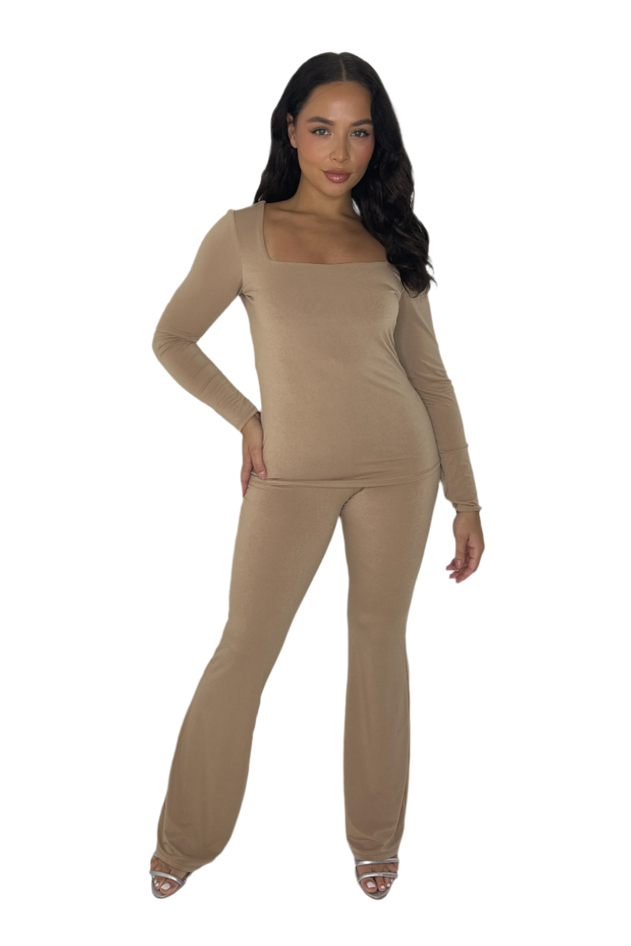 Square Neck Long Sleeve Top And Flare Leg Co-ord Set-SinglePrice