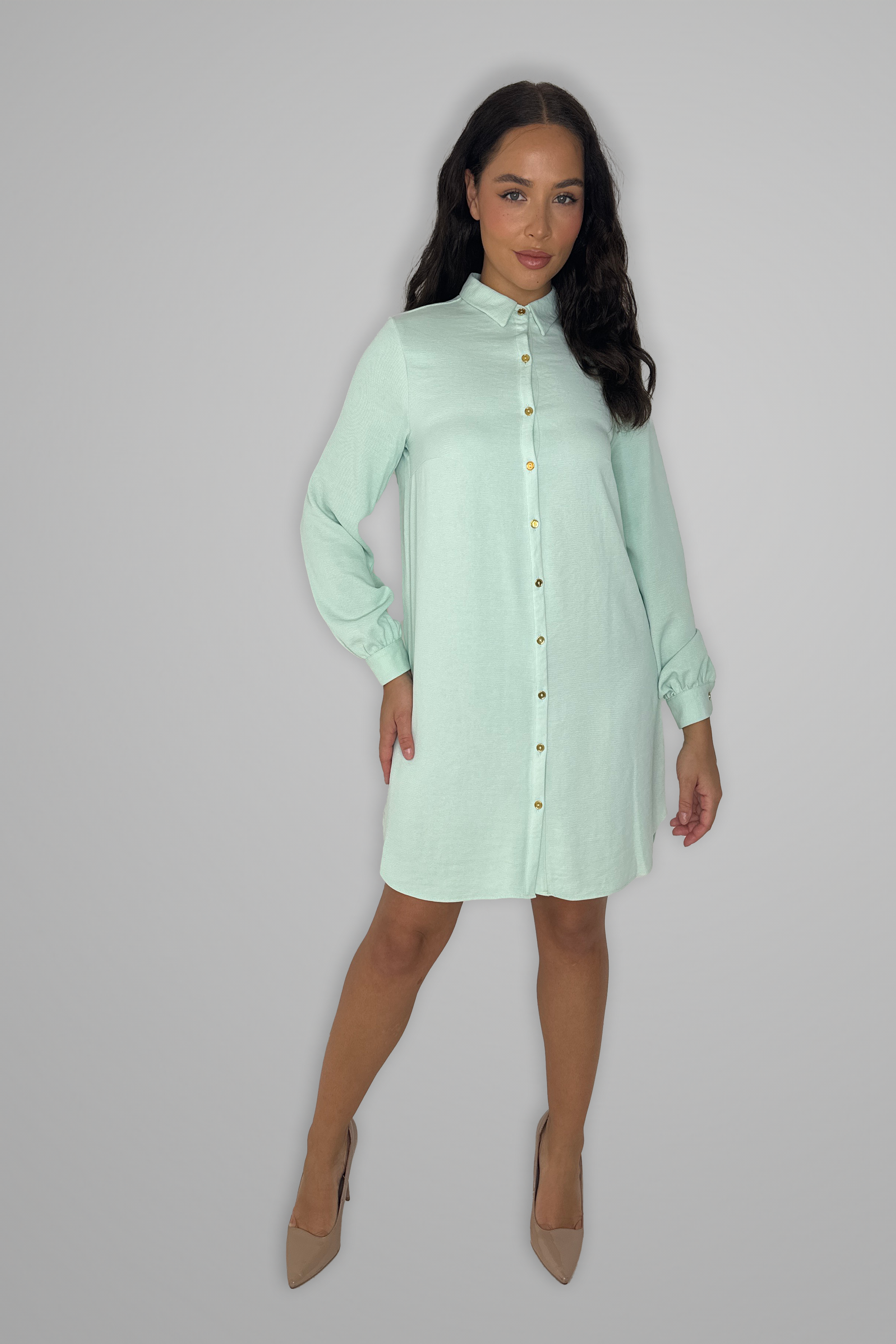 Mint High Low Chiffon Shirt Dress-SinglePrice