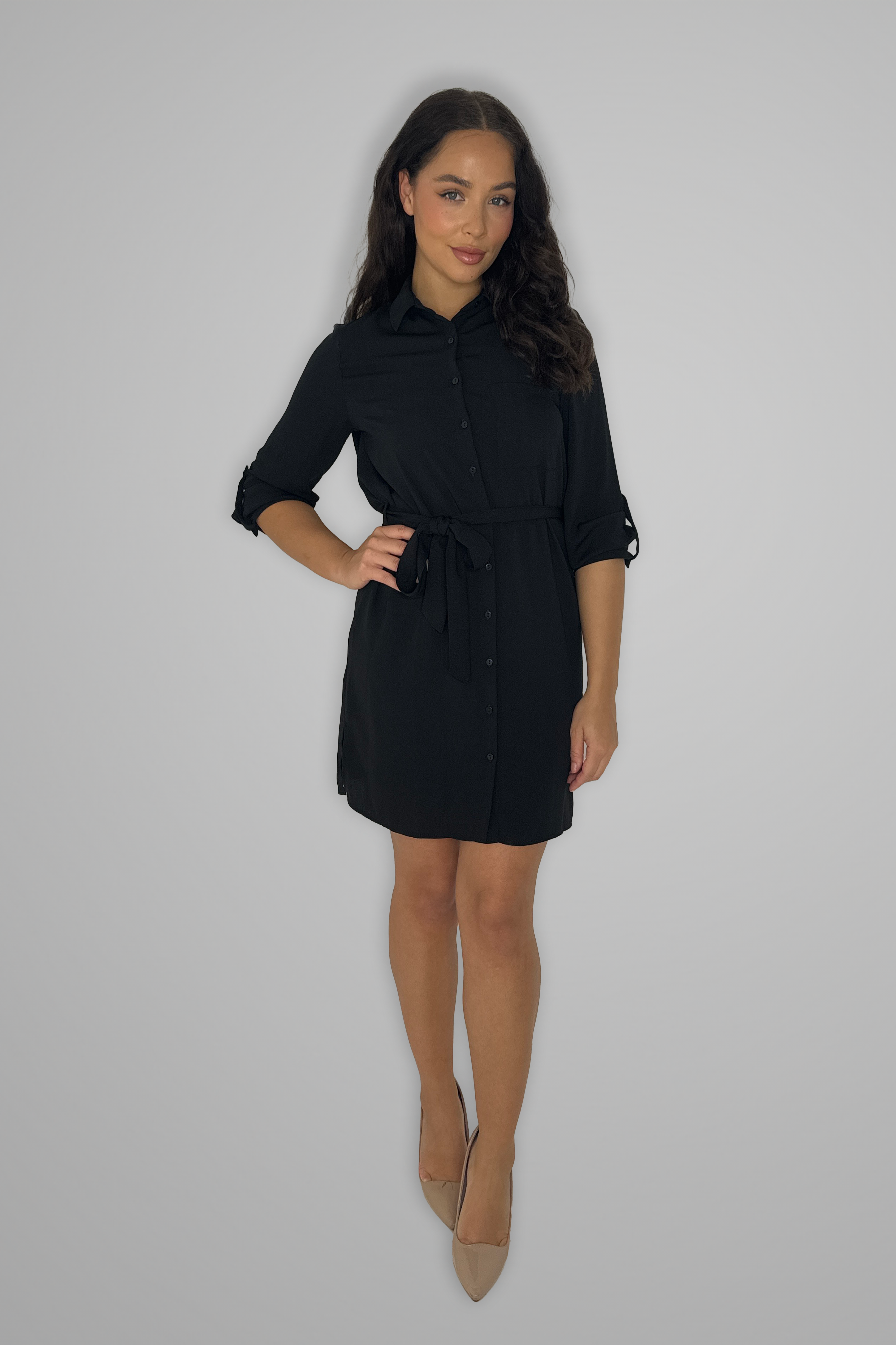 Roll Up Sleeve Tie Belt Shirt Dress-SinglePrice