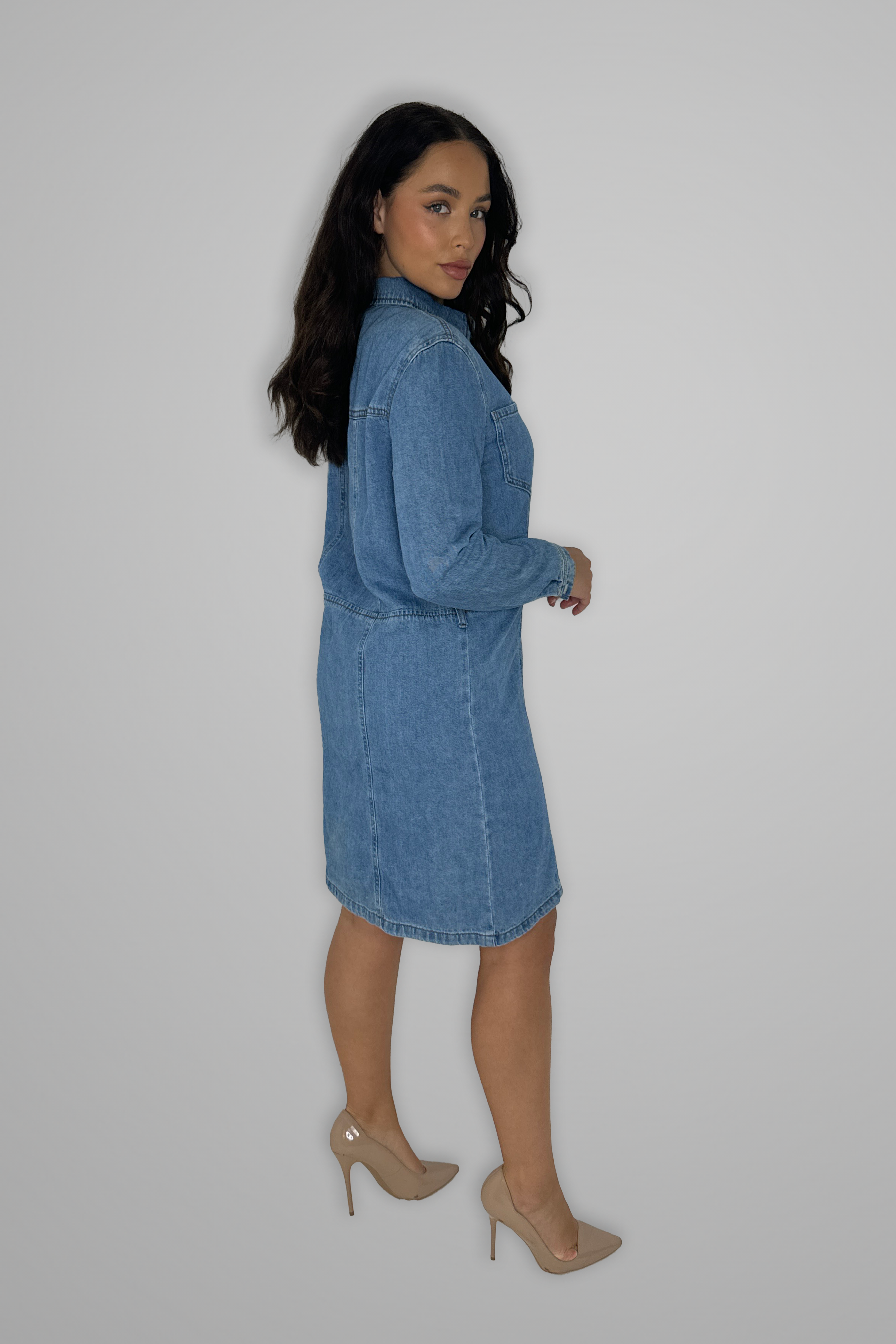 Long Sleeve Button Down Thick Denim Dress-SinglePrice