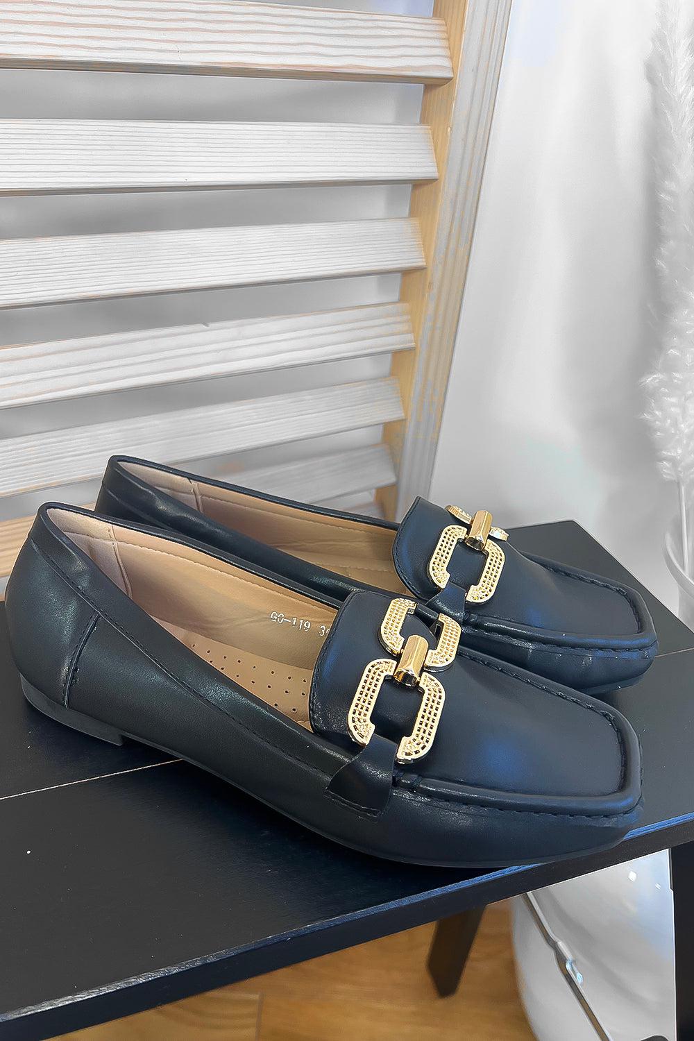 Black Squared Off Toe Gold Chain Buckle Loafers-SinglePrice