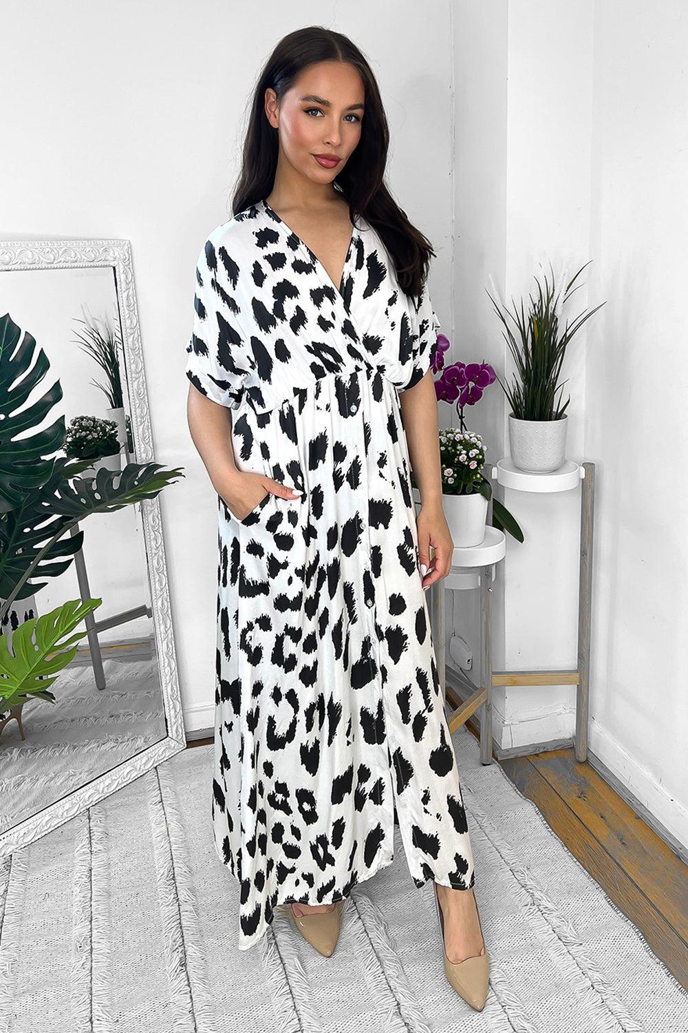 Silk Blend Black And White Snow Leopard Print Maxi Dress-SinglePrice