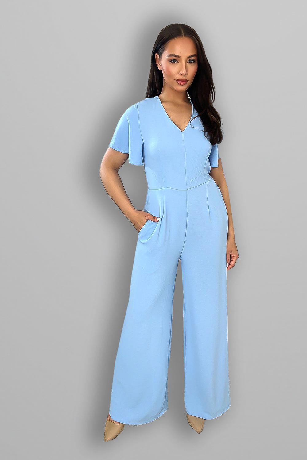 Wing Sleeve V-Neck Palazzo Jumpsuit-SinglePrice
