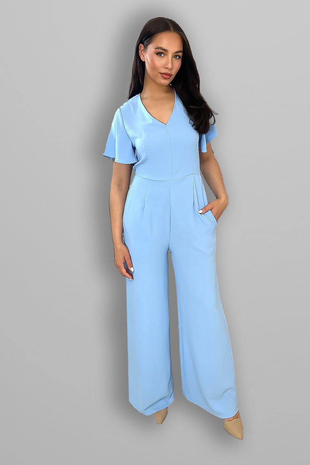 Wing Sleeve V-Neck Palazzo Jumpsuit-SinglePrice