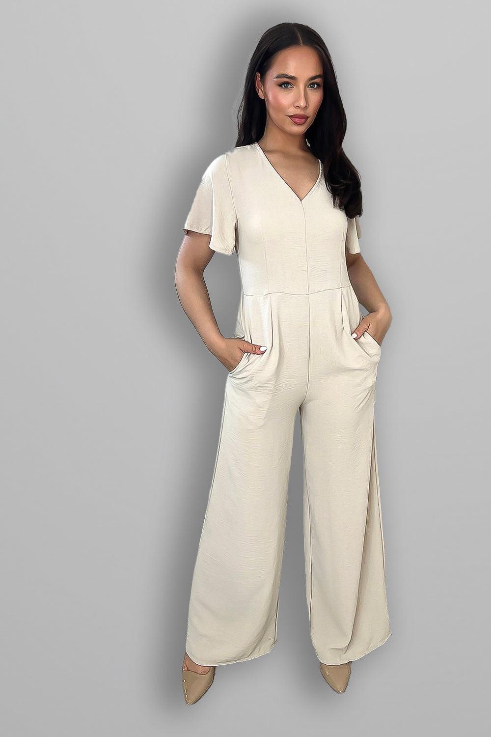 Wing Sleeve V-Neck Palazzo Jumpsuit-SinglePrice