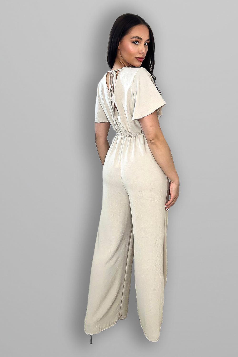 Wing Sleeve V-Neck Palazzo Jumpsuit-SinglePrice