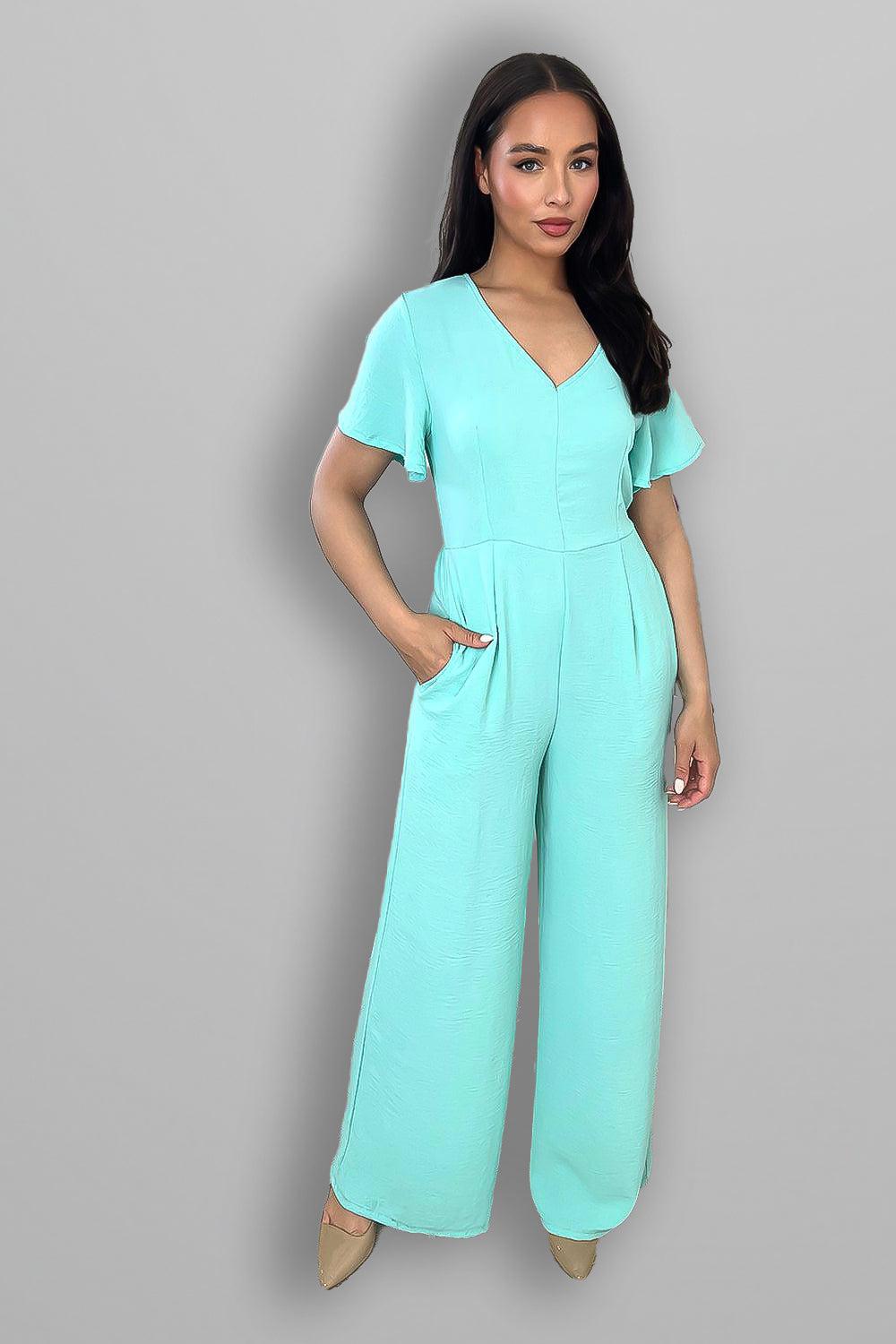 Wing Sleeve V-Neck Palazzo Jumpsuit-SinglePrice