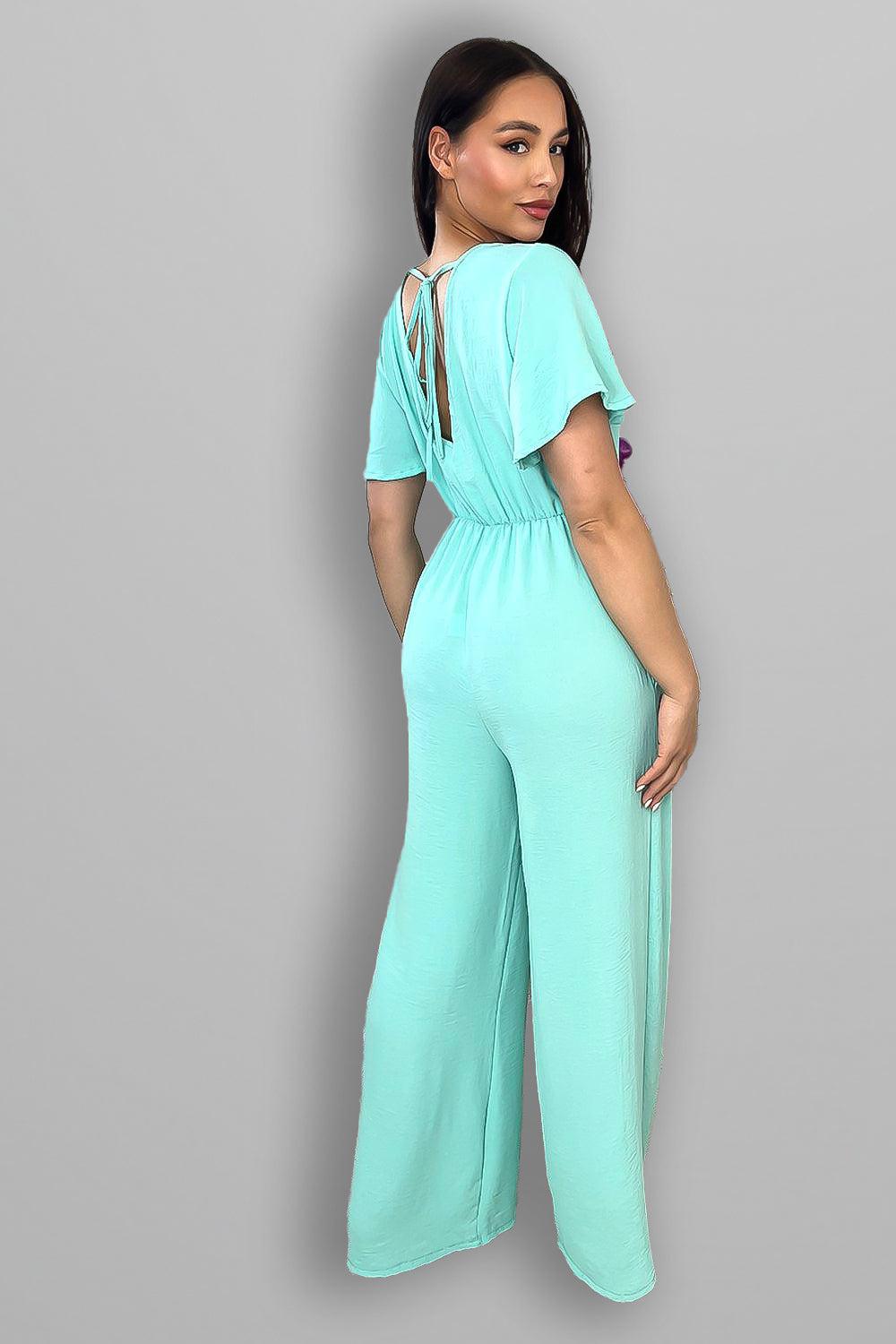 Wing Sleeve V-Neck Palazzo Jumpsuit-SinglePrice