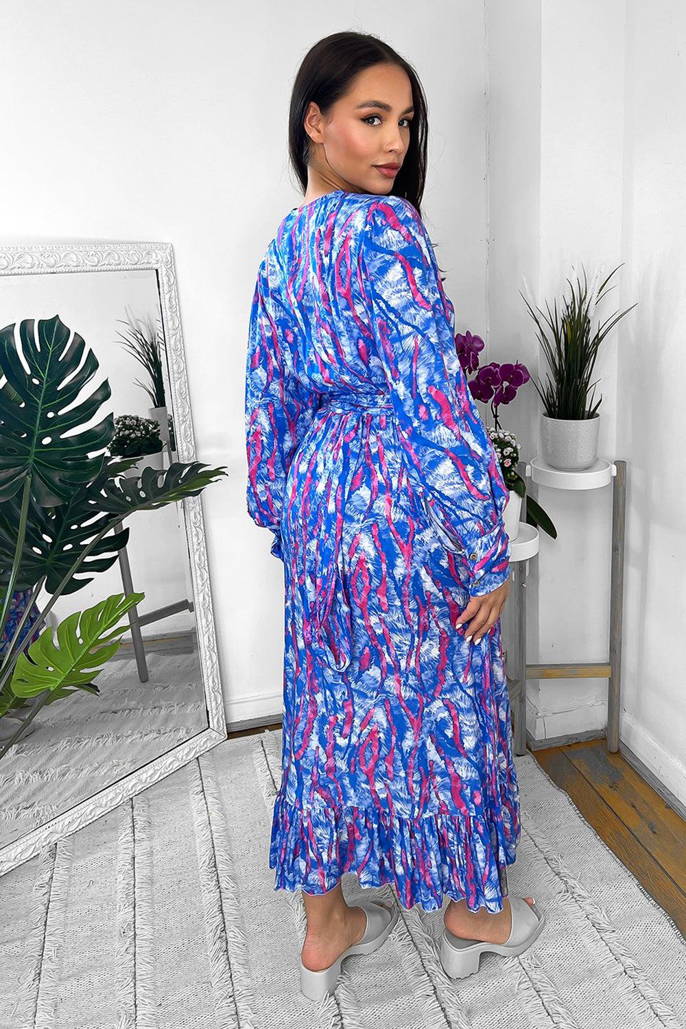 Mixed Abstract Print Wrap Over Midi Dress-SinglePrice