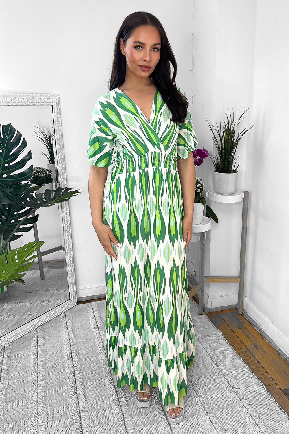 Green And White Kaleidoscope Print Shirred Waist Maxi Dress-SinglePrice