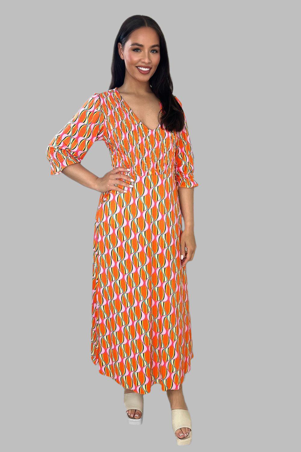 Abstract Print Shirred Top V-neck Midi Dress-SinglePrice