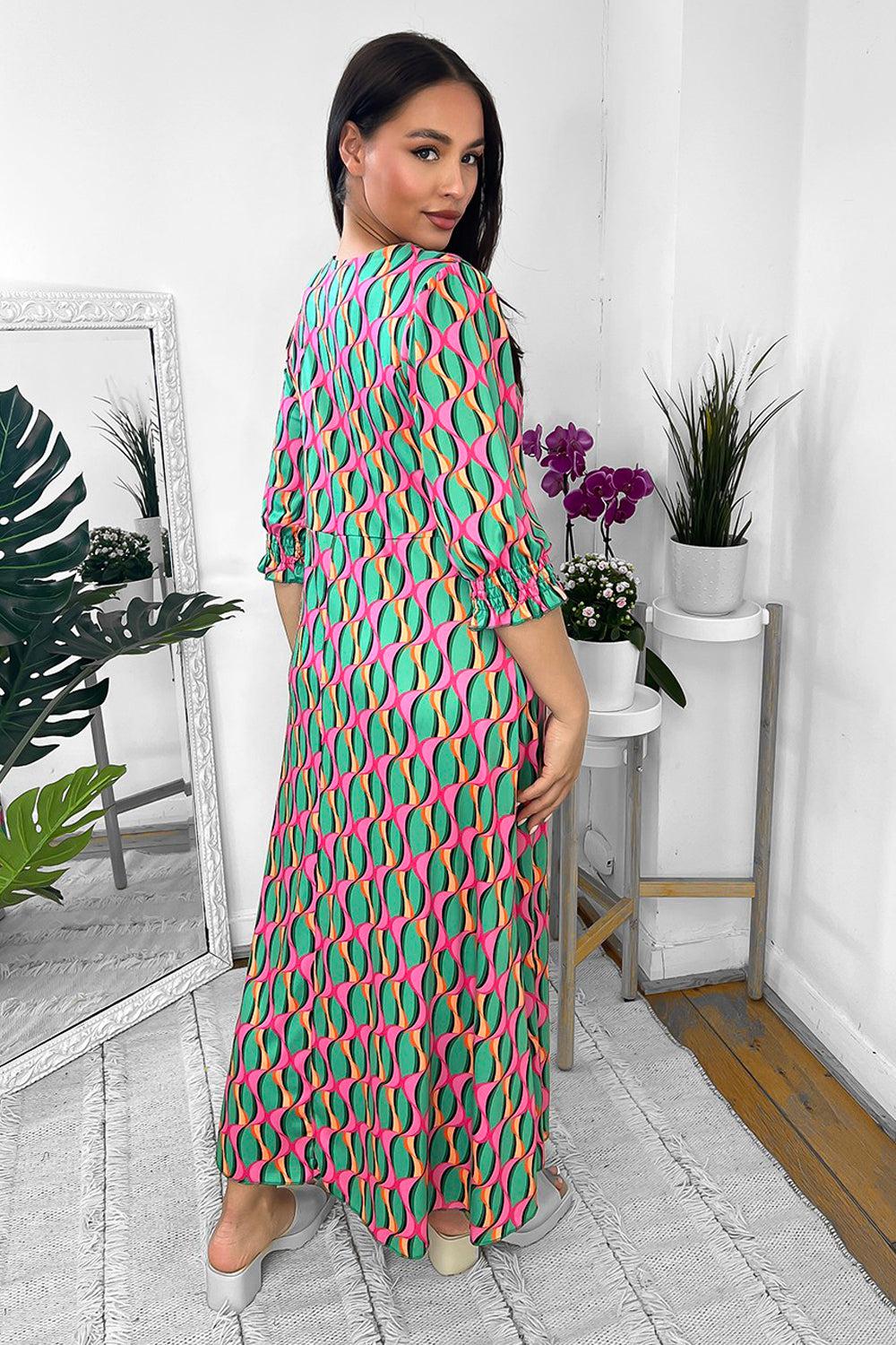 Abstract Print Shirred Top V-neck Midi Dress-SinglePrice