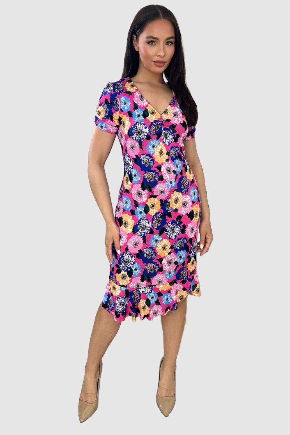 Fuchsia Floral Print V-Neck Midi Dress-SinglePrice