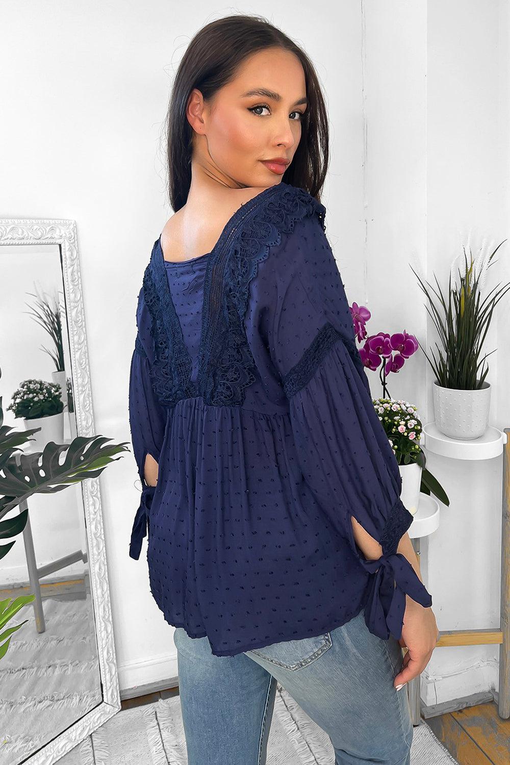 Dark Blue Crochet Front Panel Blouse-SinglePrice