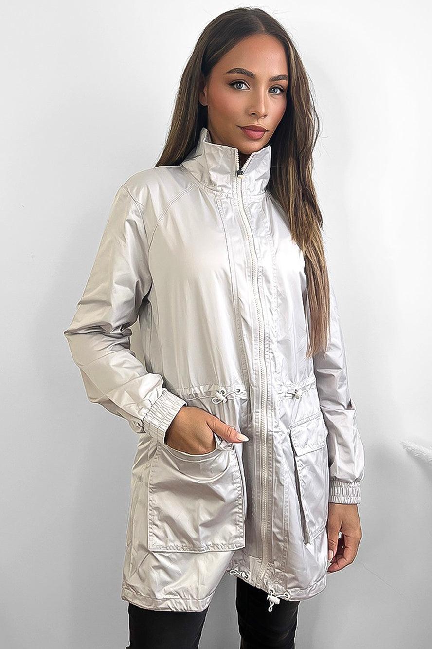 Zipped Down Drawstring Waist Windbreaker-SinglePrice