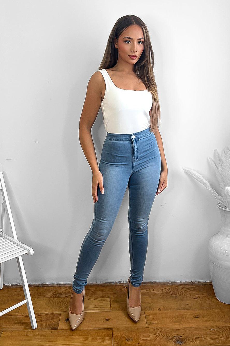 Cotton Elastane Blend Plain Front High Waist Jeans-SinglePrice