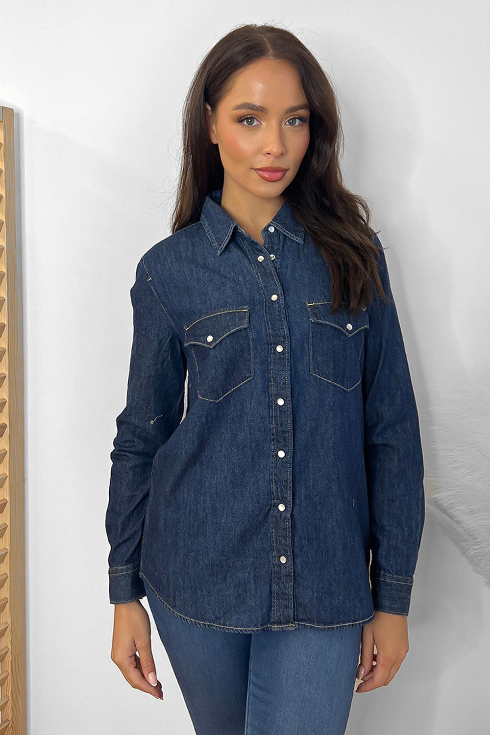 Curved Hem Pearl Buttons Denim Shirt-SinglePrice