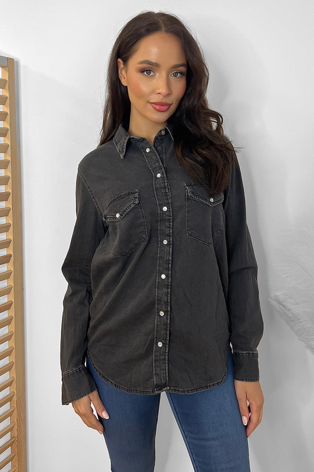 Curved Hem Pearl Buttons Denim Shirt-SinglePrice