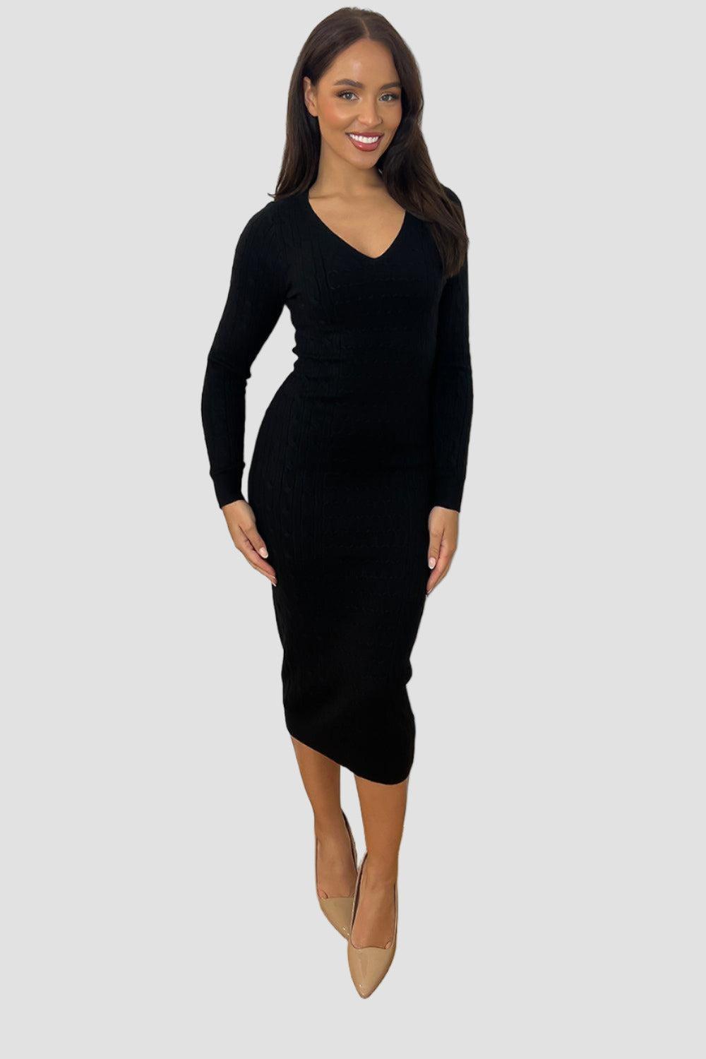 Shirred Knit Deep V-Neck Midi Knitted Dress-SinglePrice