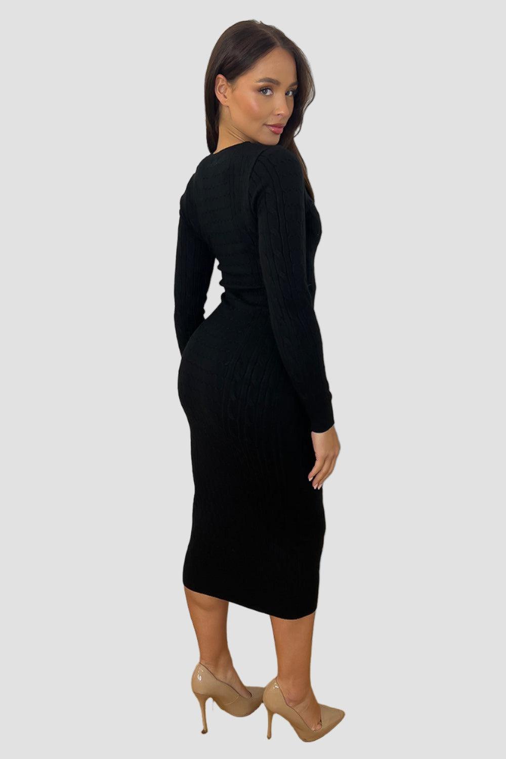 Shirred Knit Deep V-Neck Midi Knitted Dress-SinglePrice