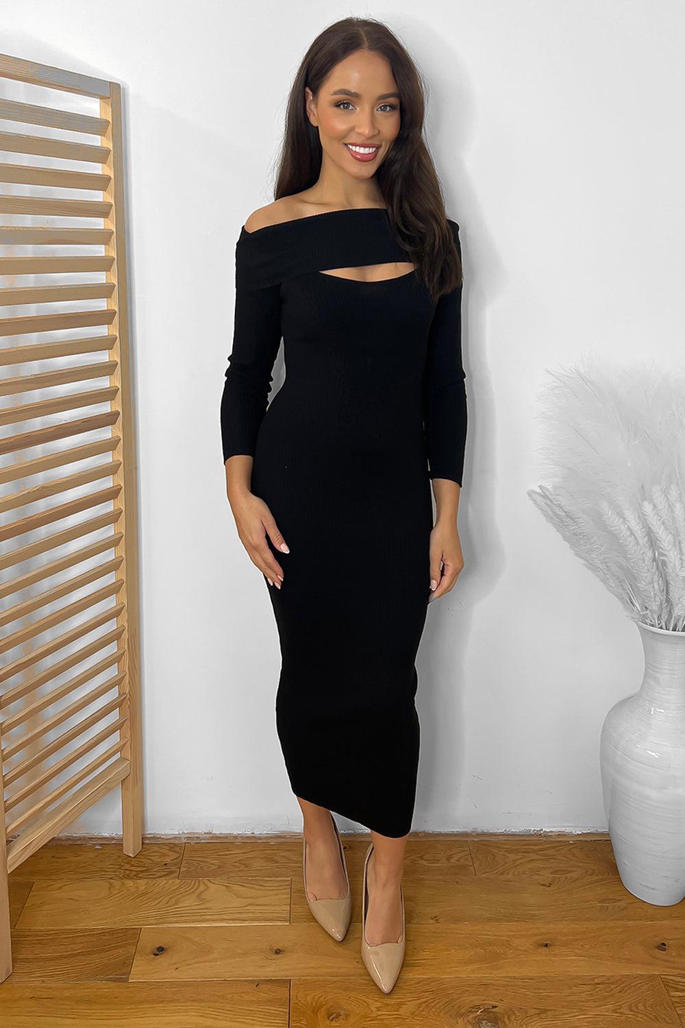 Loose Neck Cut Out Detail Knitted Midi Dress-SinglePrice
