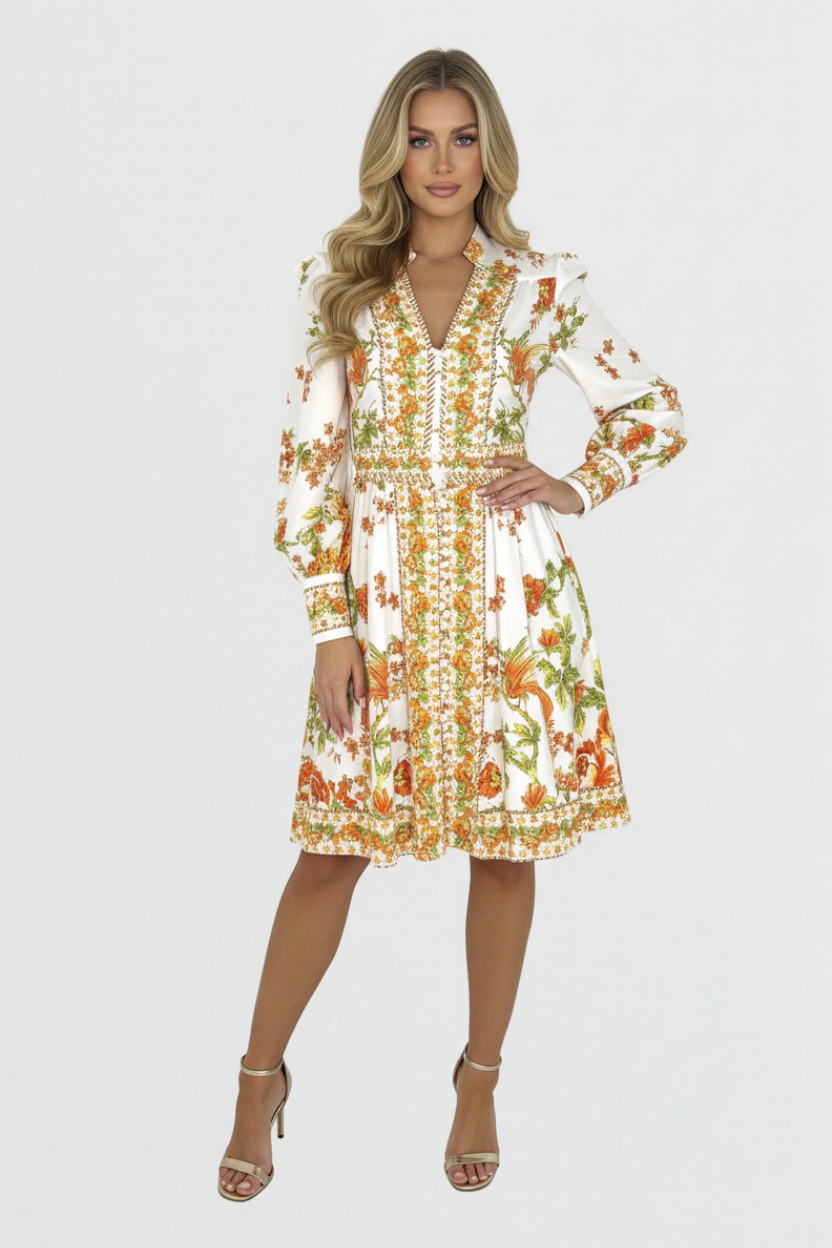 Woman wearing a floral dress on a white background
