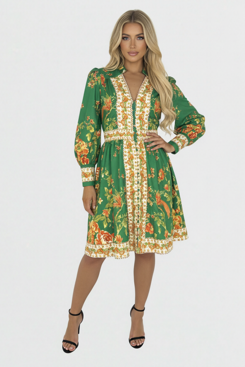 Vibrant Print Button Down Cinched Waist A-Line Midi Dress