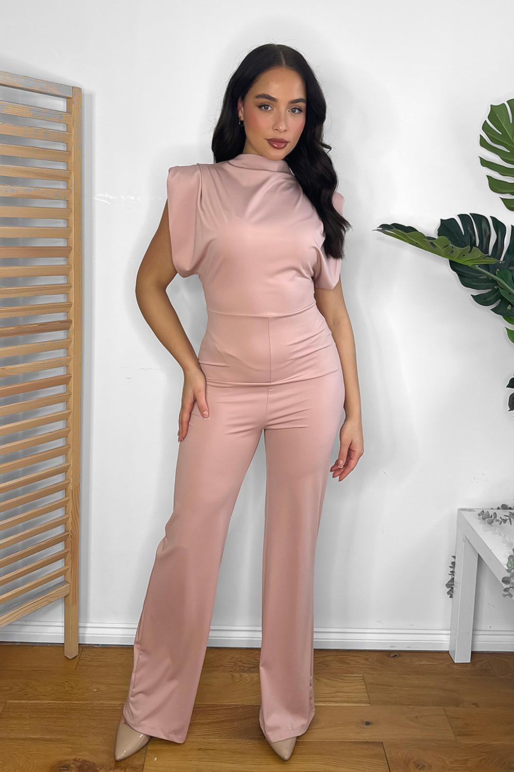 High Neck Short Sleeve Drapped Jumpsuit-SinglePrice