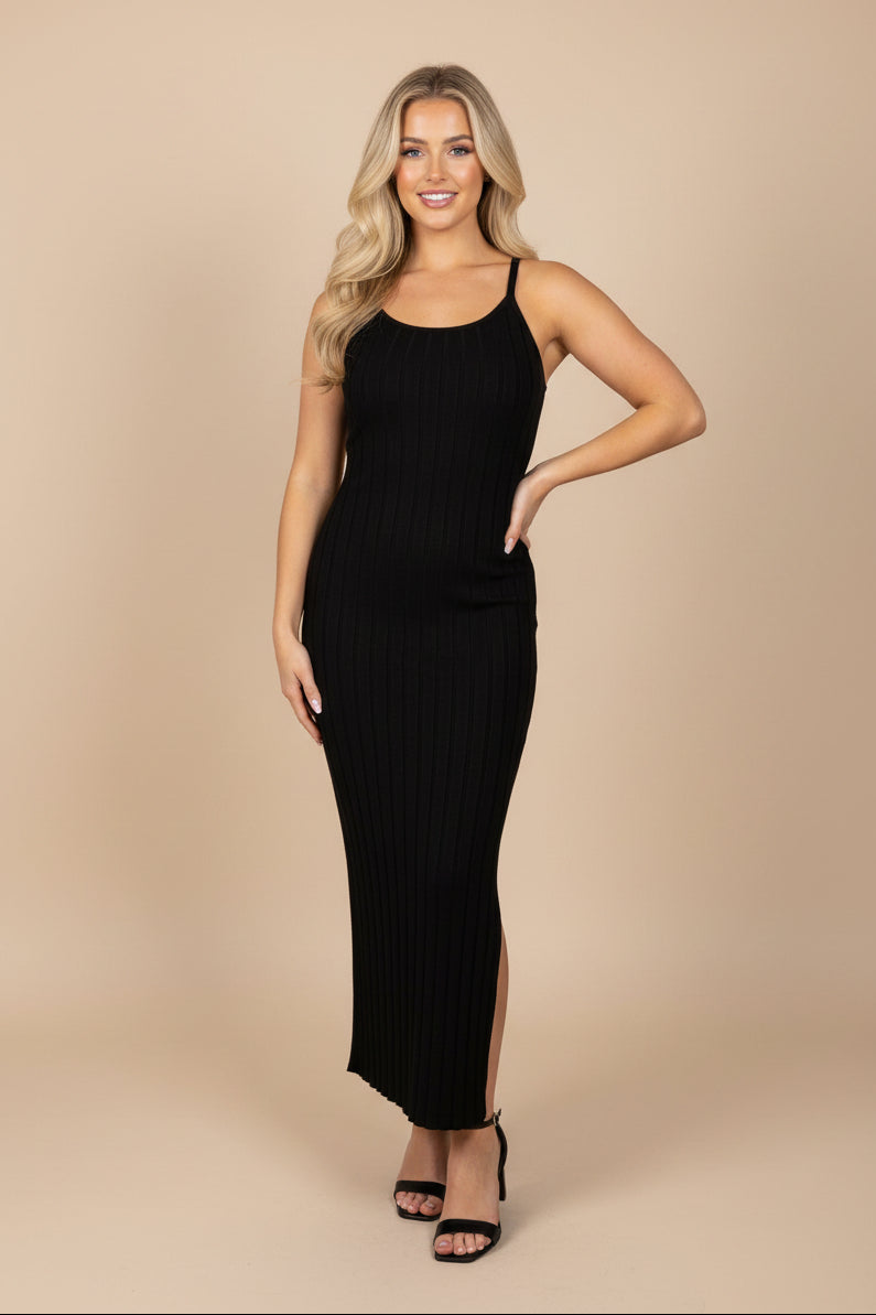 Strappy Viscose Blend Side Slit Long Knitted Dress