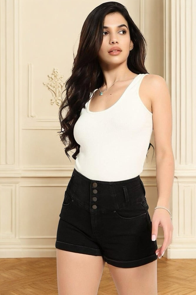 Buttoned Front Wide Waistband Denim Hotpants