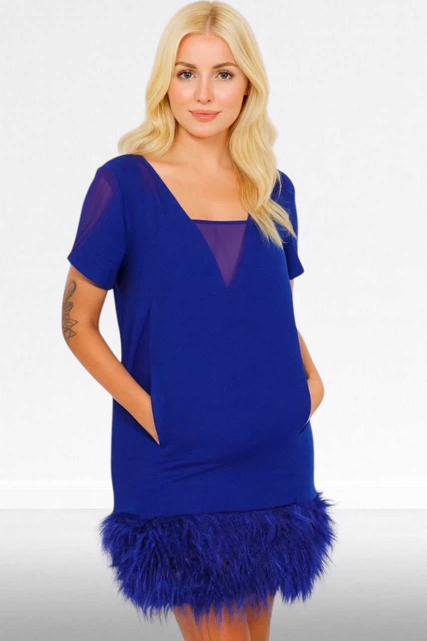 Royal Blue Mesh V-Neck Faux Fur Trim Dress
