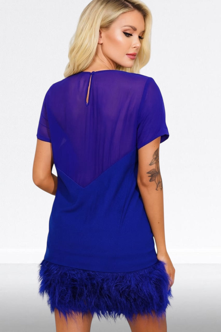 Royal Blue Mesh V-Neck Faux Fur Trim Dress