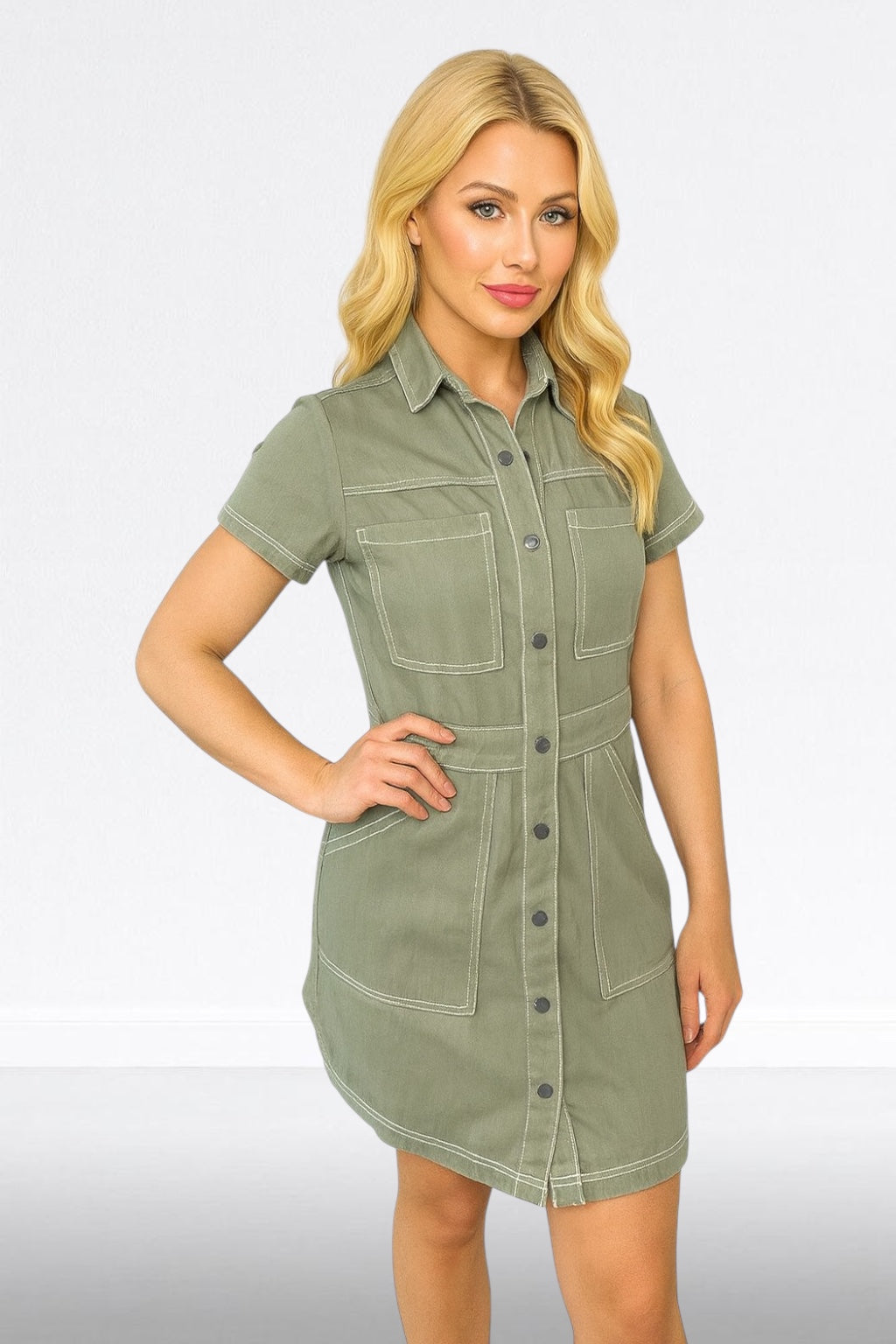 Popper Buttons Front Light Denim Dress
