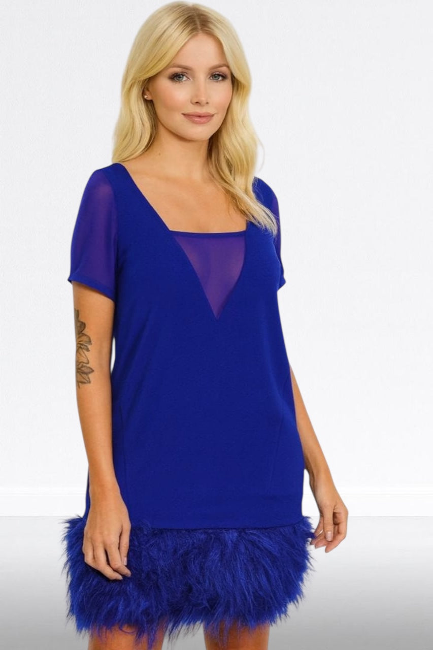 Royal Blue Mesh V-Neck Faux Fur Trim Dress