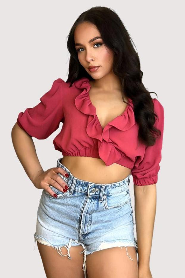 Burgundy Frilled Deep Plunge Crop Top-SinglePrice