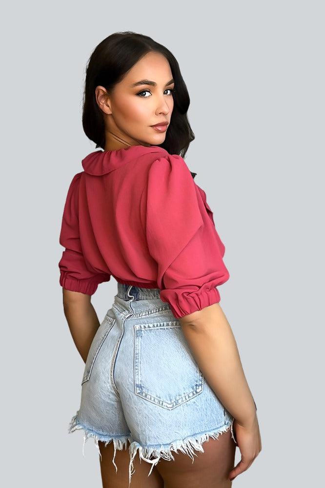 Burgundy Frilled Deep Plunge Crop Top