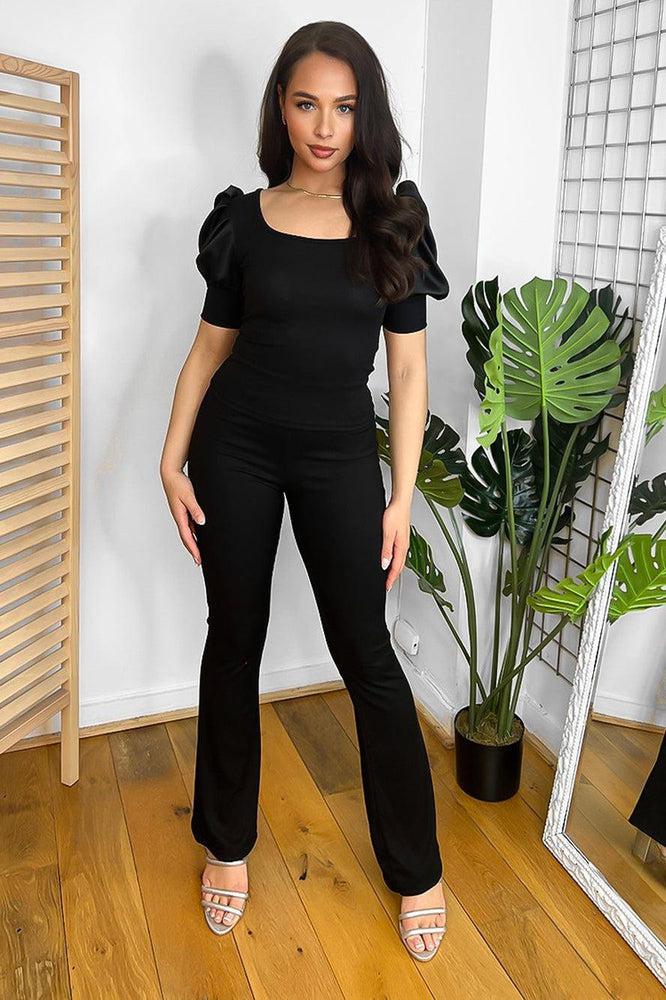 Satin Puff Sleeve Deep Neckline Top And Trousers Set-SinglePrice