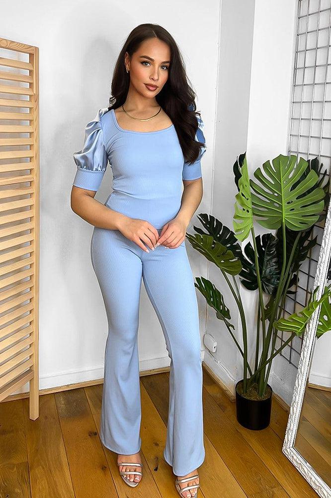 Satin Puff Sleeve Deep Neckline Top And Trousers Set-SinglePrice