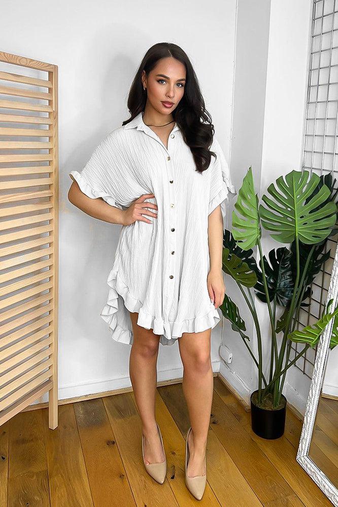 Shirred Fabric Frilled Hem Gold Buttons Shirt Dress-SinglePrice