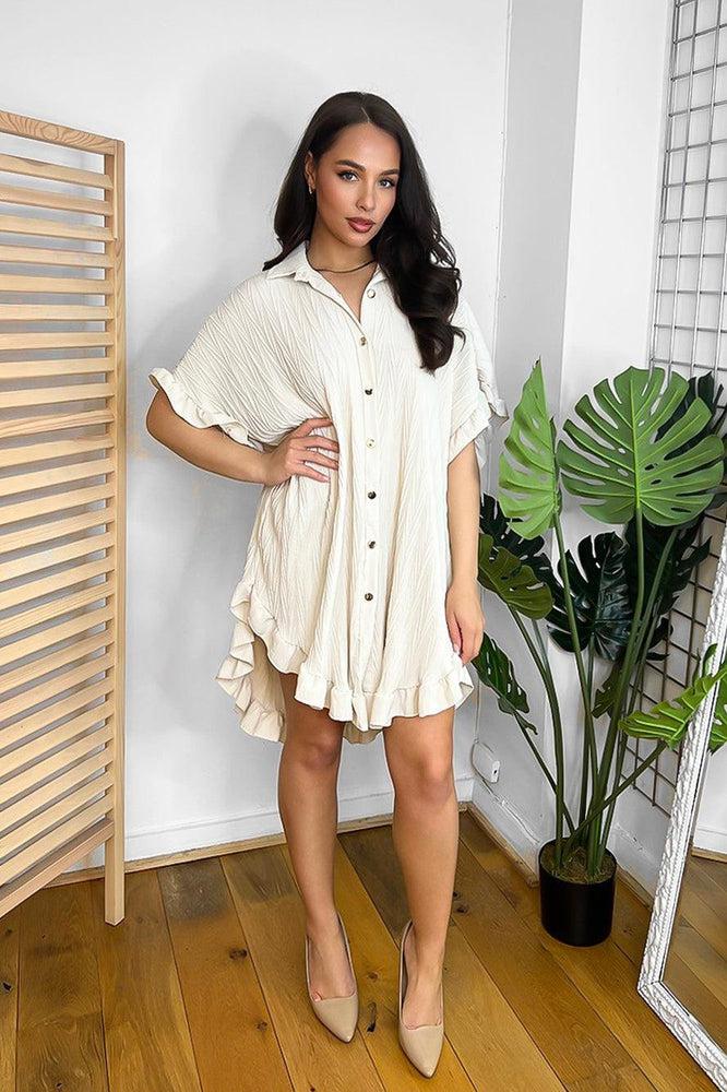 Shirred Fabric Frilled Hem Gold Buttons Shirt Dress-SinglePrice