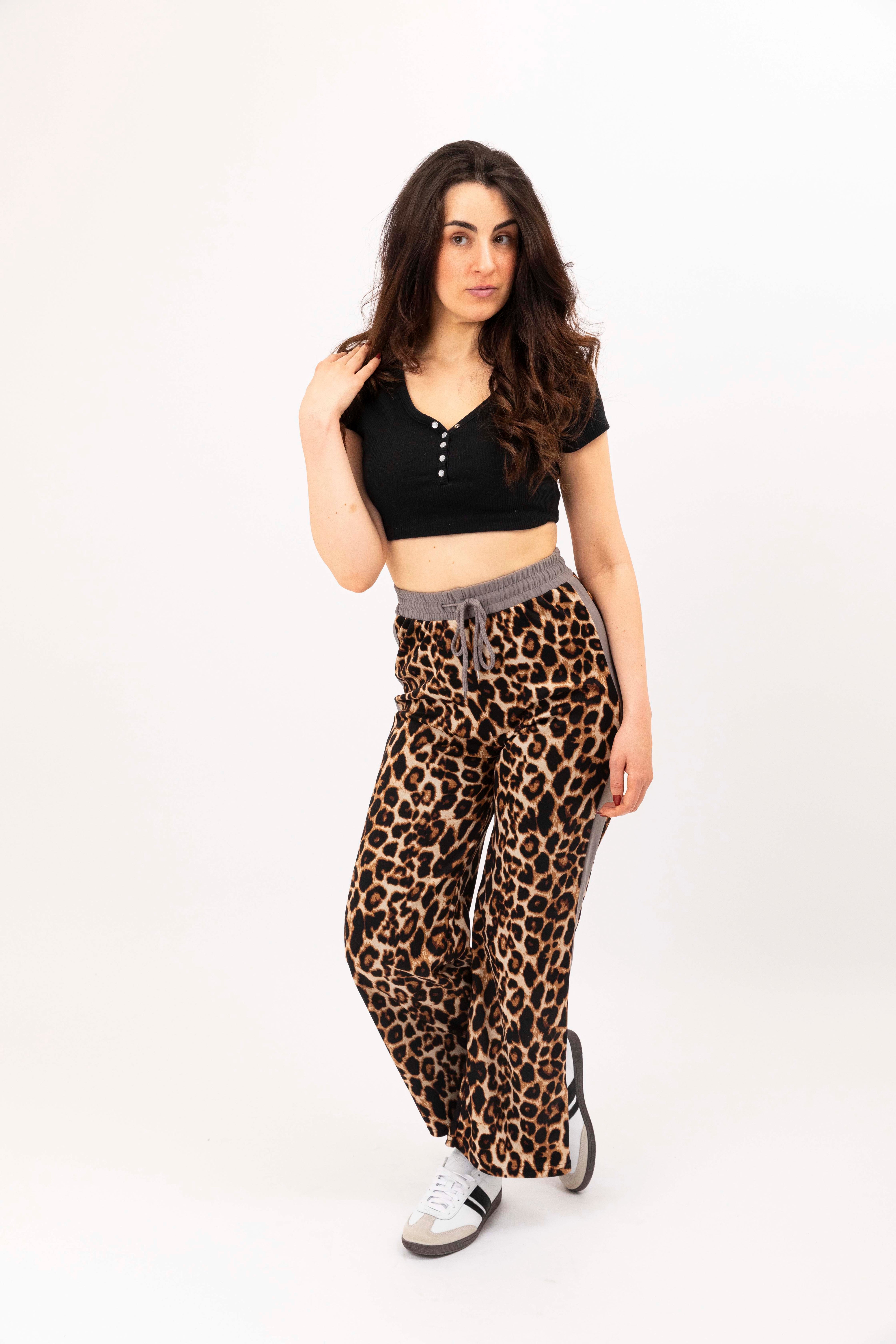 Wholesale Women's Leopard Print Colourbock Panel Wide Leg Drawstring Joggers (PACK OF 12)